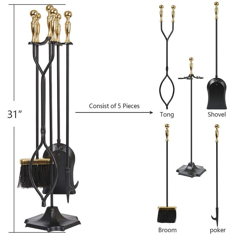 Oniya 5 Pcs Large Fireplace Tools Sets Golden Handle Wrought Iron and Holder Outdoor Fireset Stand Tong Antique Accessories