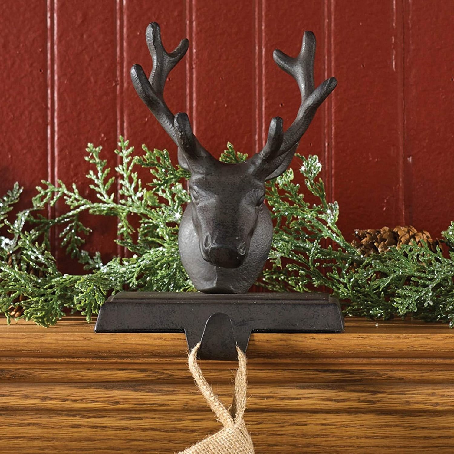 Oniya Black Cast Iron Reindeer Stocking Holder with Hook For Mantle Fireplace Free Standing Xmas Decorations