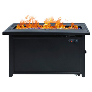 Oniya 45 Inch Black 50000 BTU Propane Steel Striped Rectangular Natural Gas Fire Pits Table with Lid and Blue Glass