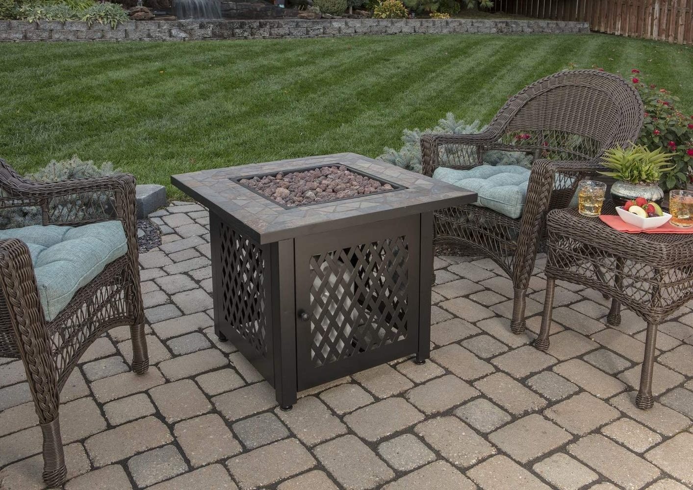 Oniya 30 Inch Ceramic Tile Surface Iron Liquid Propane Gas Fire Pit Table With Weave Design Panels For Garden Backyard Deck