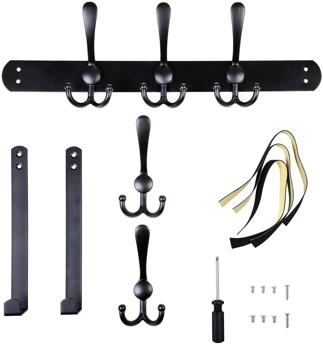 Oniya Black Over The Door Coat Rack with 5 Tri Hooks Heavy Duty Stainless Steel Bedroom Organizer for Hanging Clothes,Towels,Coa