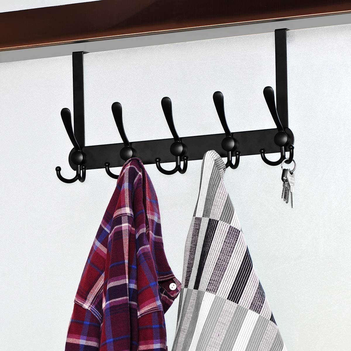 Oniya Black Over The Door Coat Rack with 5 Tri Hooks Heavy Duty Stainless Steel Bedroom Organizer for Hanging Clothes,Towels,Coa