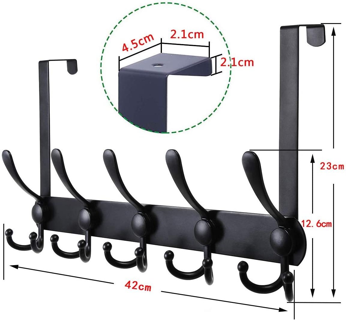 Oniya Black Over The Door Coat Rack with 5 Tri Hooks Heavy Duty Stainless Steel Bedroom Organizer for Hanging Clothes,Towels,Coa