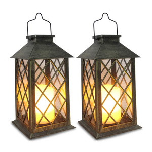 Oniya 14 Inch Solar Outdoor Garden Hanging Lanterns Set of 2 LED Flickering Flameless Candle Holders for Party Decoration