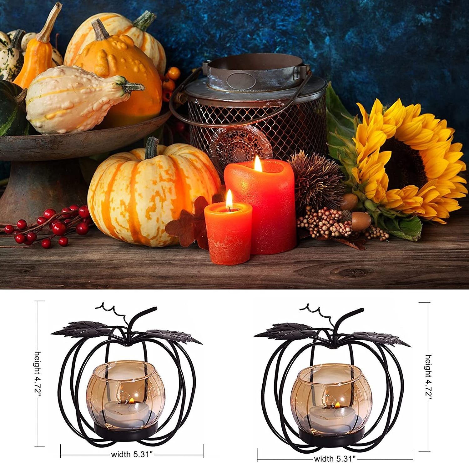 Oniya Pumpkin Glass Votive Candle Holders Set of 2 Matte Black Iron Tea Light Candle Holder for Thanksgiving Decoration