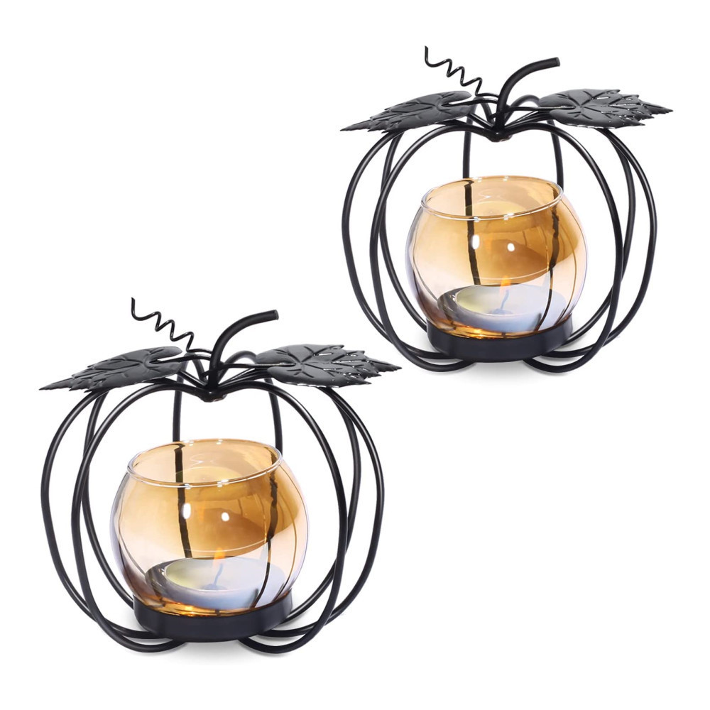 Oniya Pumpkin Glass Votive Candle Holders Set of 2 Matte Black Iron Tea Light Candle Holder for Thanksgiving Decoration