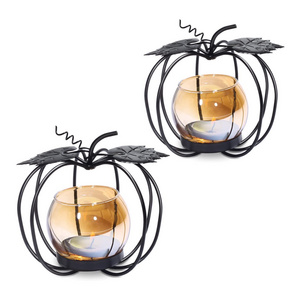 Oniya Pumpkin Glass Votive Candle Holders Set of 2 Matte Black Iron Tea Light Candle Holder for Thanksgiving Decoration