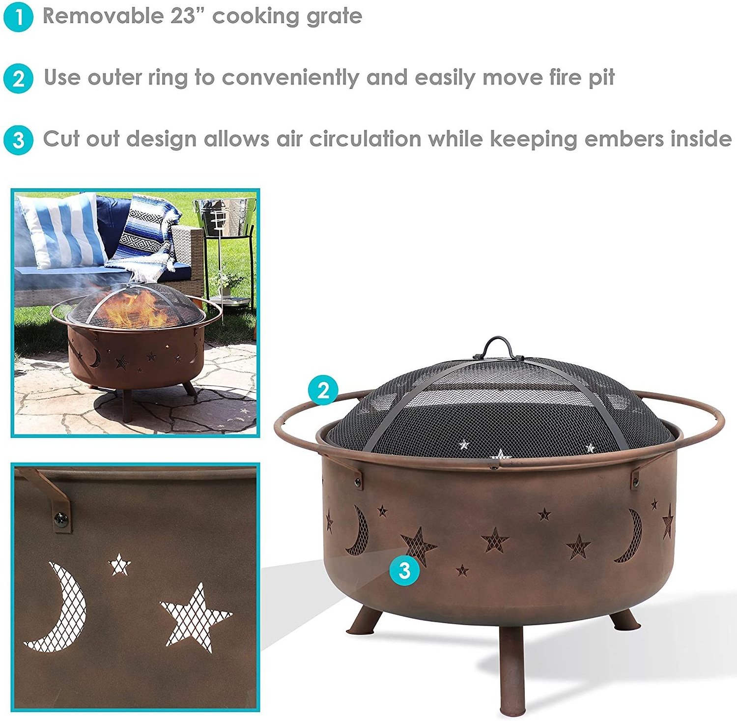 Oniya 30 Inch Round Patio & Backyard Bonfire Wood Burning Fire Pit for Outdoor with Fireplace Poker