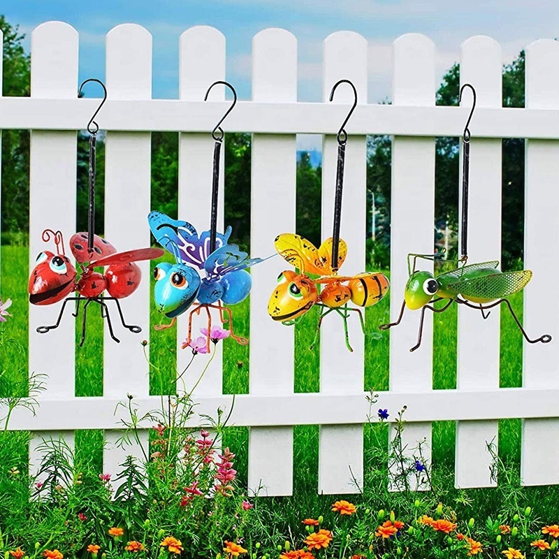 Oniya Metal Garden Yard Art Hanging Decoration Set of 4 Include Yellow Bee Blue Butterflies Red Ladybug and Green Mantis Decor