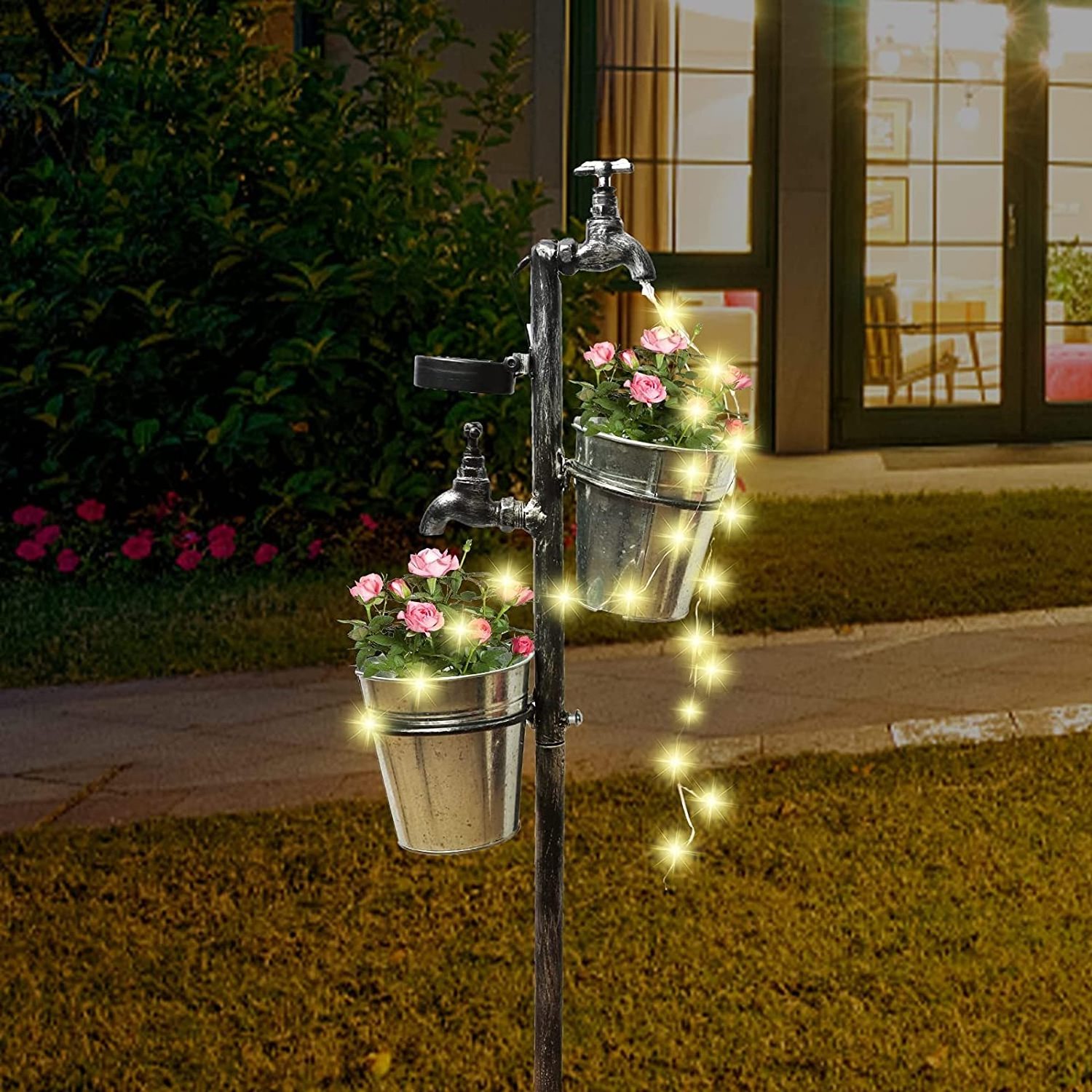 Oniya LED Lights Flowing Water Retro Solar Faucet Garden Stake with Two Planters Outdoor Plants Holders for Garden Decorations