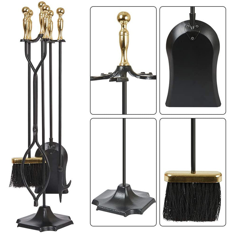 Oniya 5 Pcs Large Fireplace Tools Sets Golden Handle Wrought Iron and Holder Outdoor Fireset Stand Tong Antique Accessories