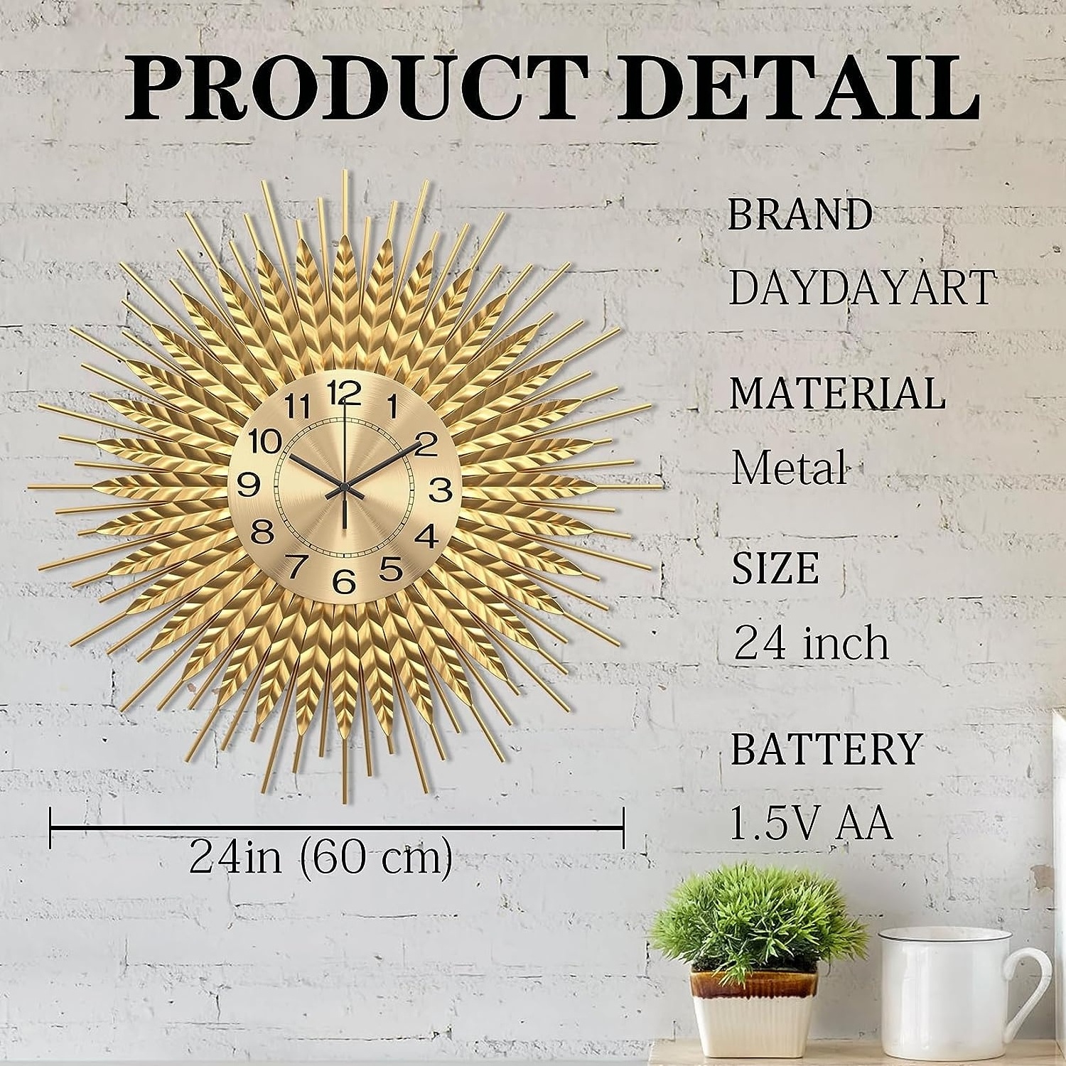 Oniya 23.6 inch  Gold Metal Mid Century Wall Clock Home Decor  for Living Room Bedroom Dining Room