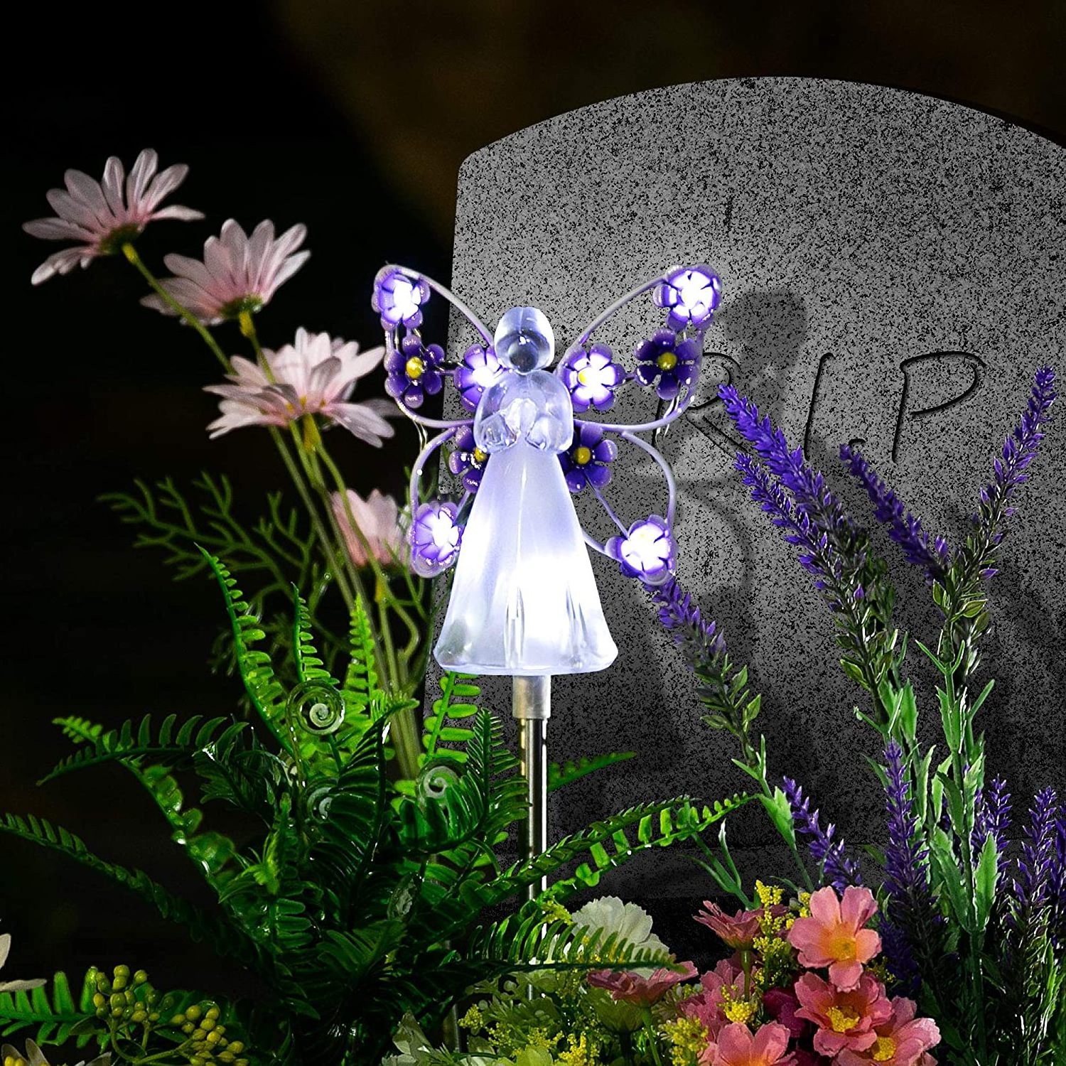 Oniya 2 Pack Solar Eternal Light Angel Garden Stake with 7 LEDs for Cemetery Grave Decorations,Memorial Gifts,Christmas Yard Art