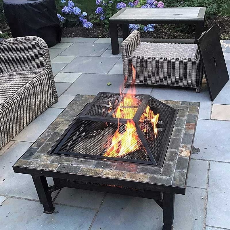 Square Adjustable Leg Slate Fire Pit With Cover