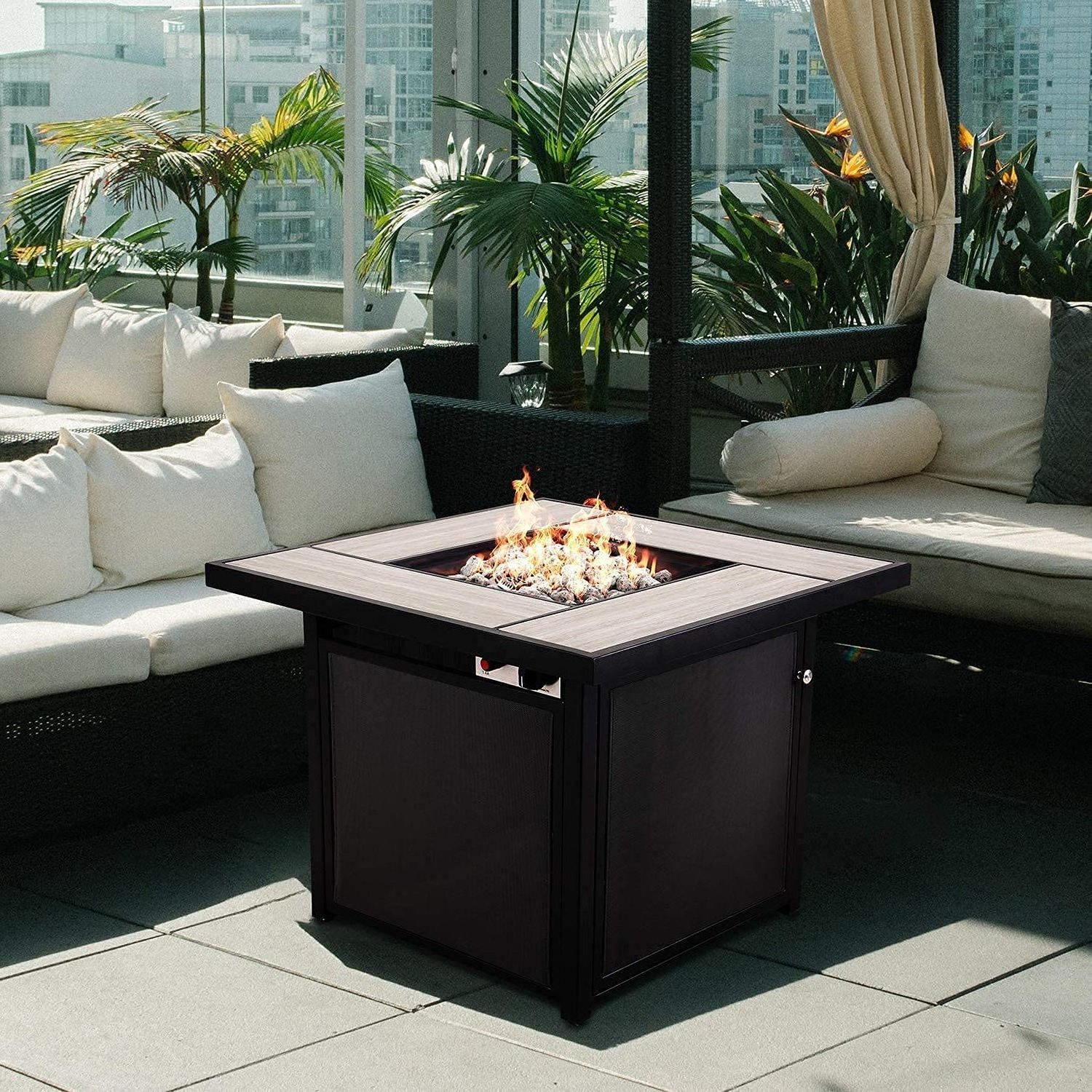 Oniya Metal Fire Pits Fireplace Patio Camping Square Outdoor Gas Table Fire Pit with Ceramic Tile