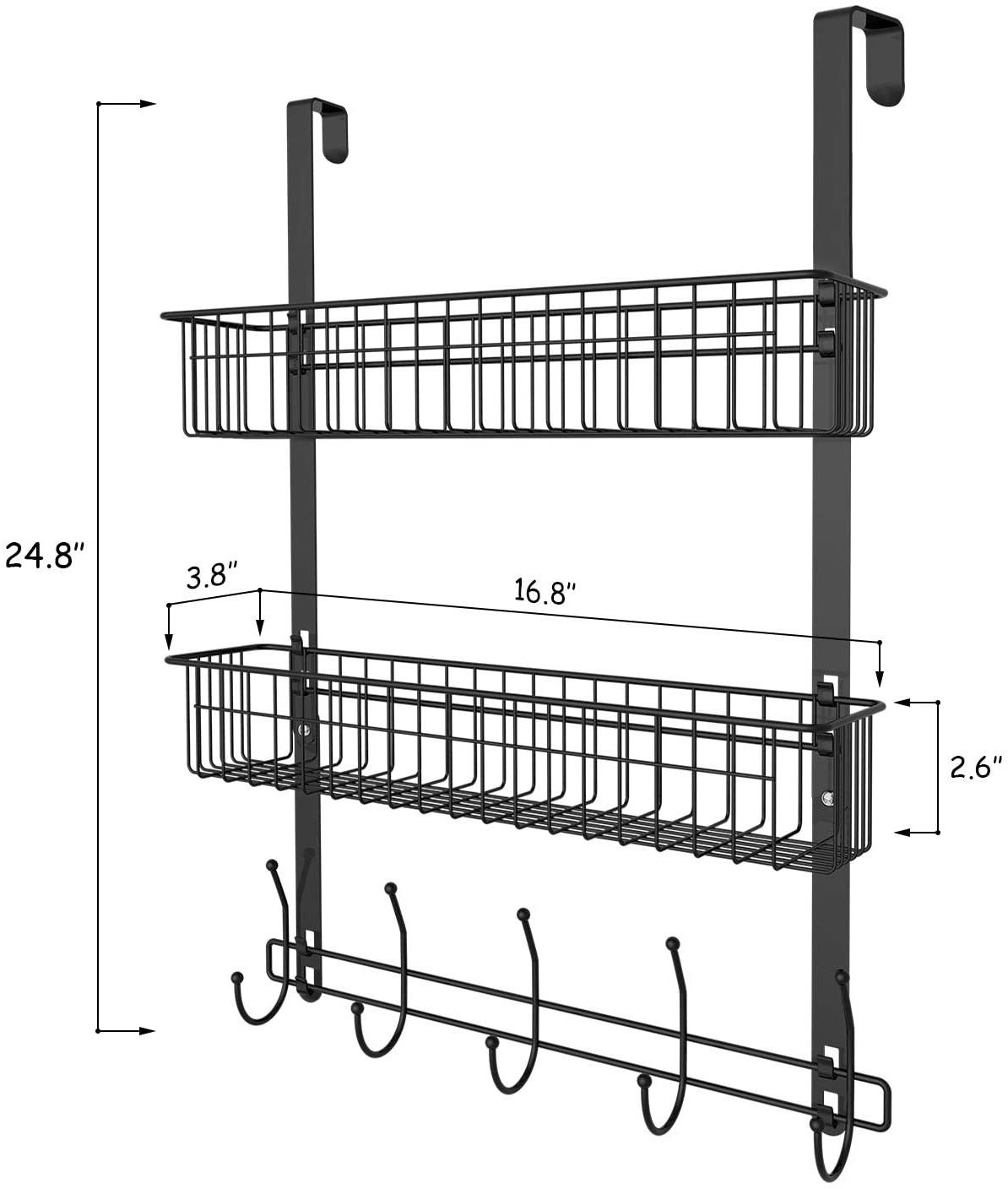 Oniya Black Over The Door Hooks Bathroom Towel Rack with 2 Mesh Basket Behind Organizer Shelf for Kitchen Hanging Towel Clothes