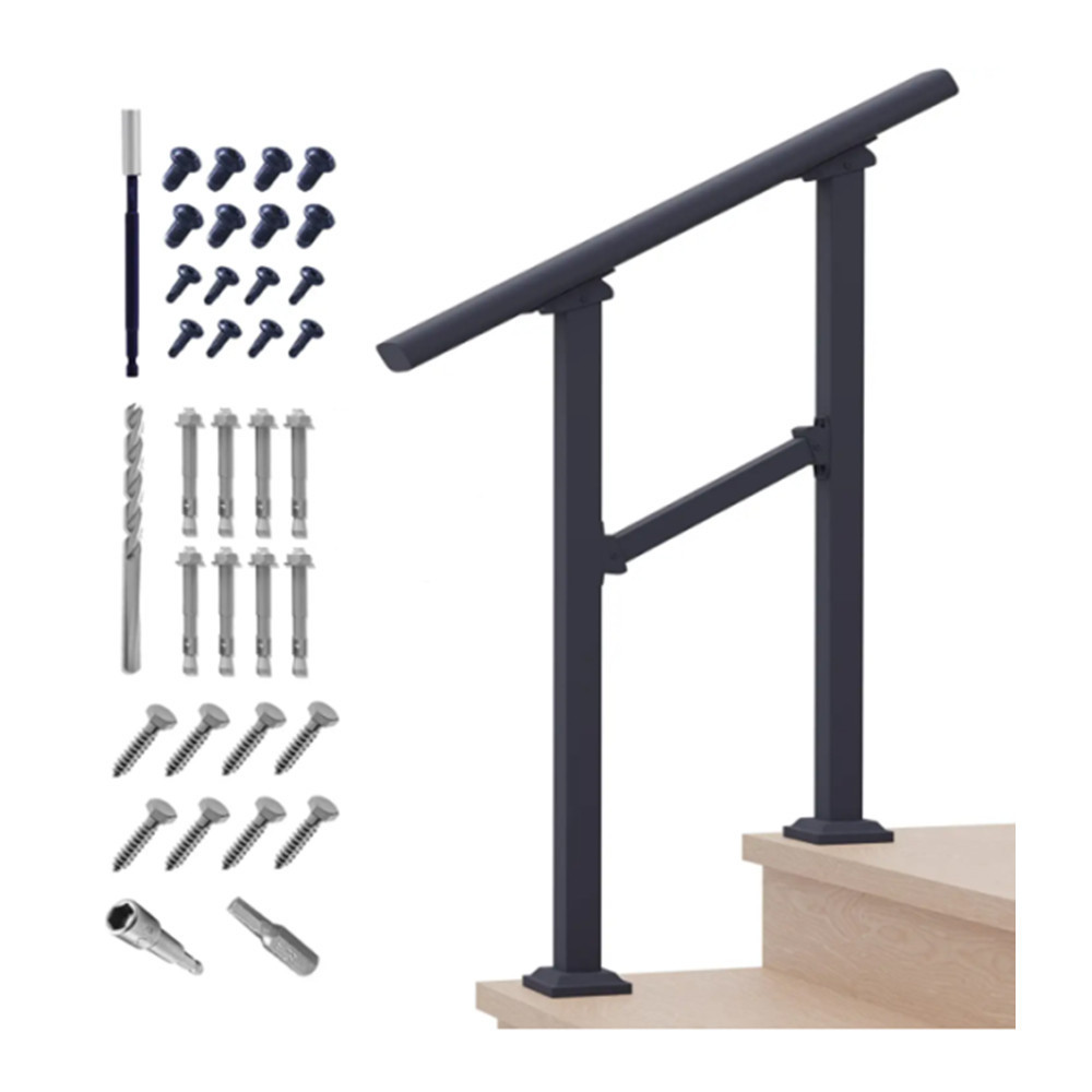 Oniya Black Wrought Iron Handrail Kit 2 Steps Outdoor Hand Rail for Stair Steps