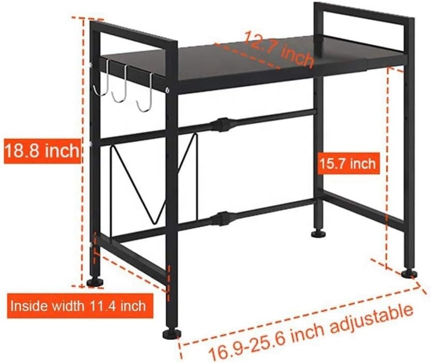 Oniya Metal Kitchen Microwave Oven Rack Counter Shelf  and Microwave Shelf Rack with 3 Hooks