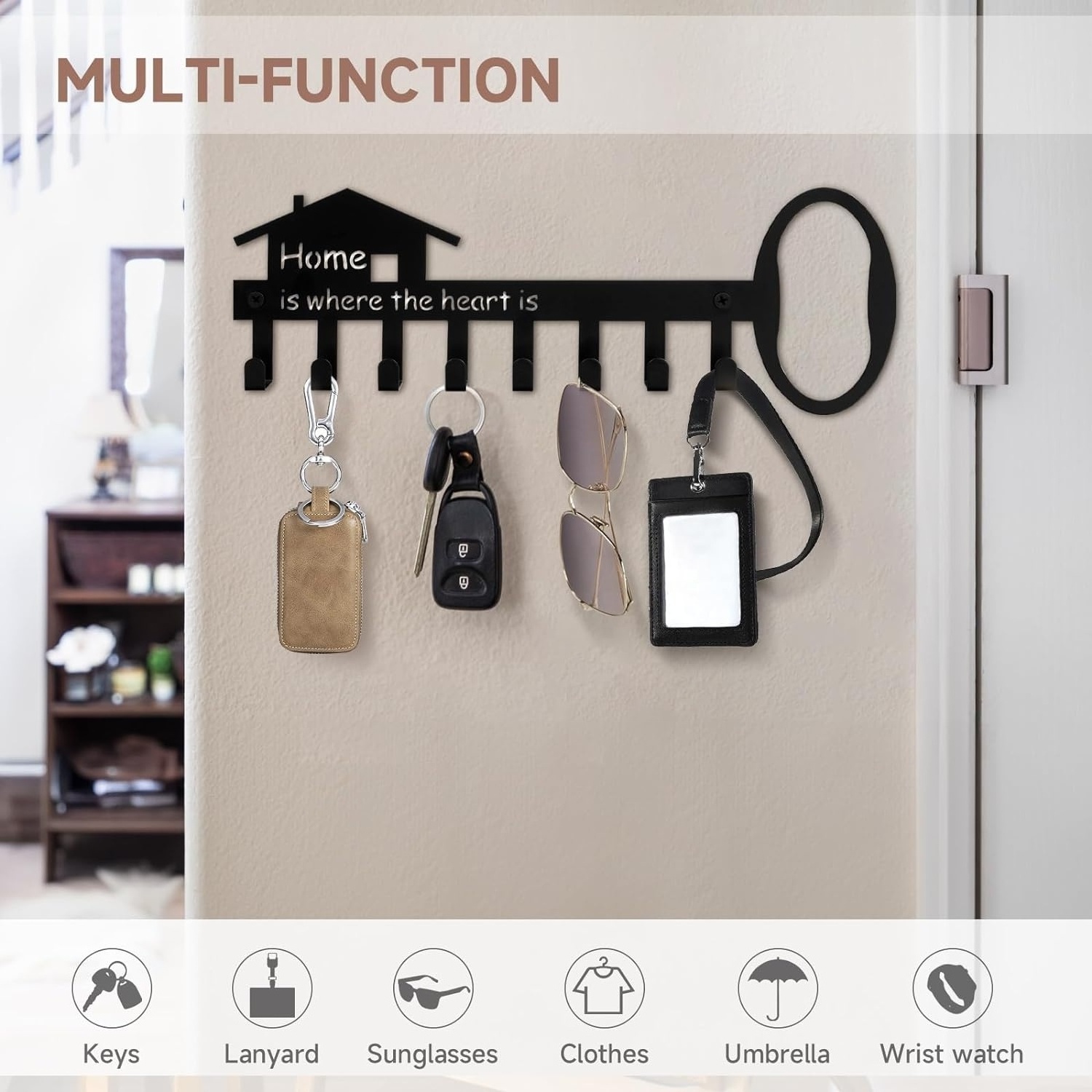 Oniya Key Holder Wall Mount Key Hanger Hook with 8 Key Hooks Key Shaped Metal Key Hanger  Living Room Hallway Office