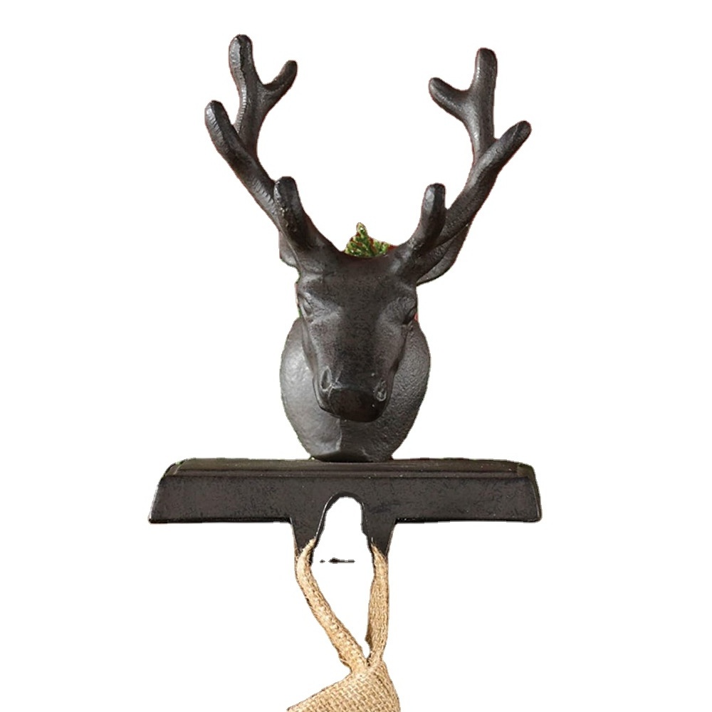 Oniya Black Cast Iron Reindeer Stocking Holder with Hook For Mantle Fireplace Free Standing Xmas Decorations