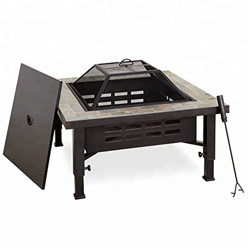 Square Adjustable Leg Slate Fire Pit With Cover