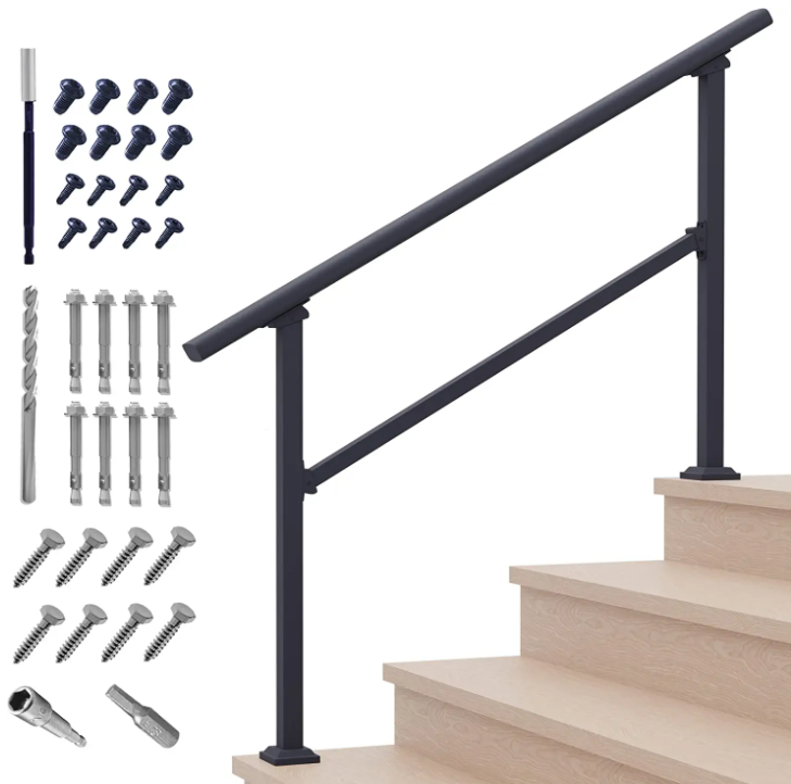 Oniya Black Wrought Iron Handrail Kit 2 Steps Outdoor Hand Rail for Stair Steps