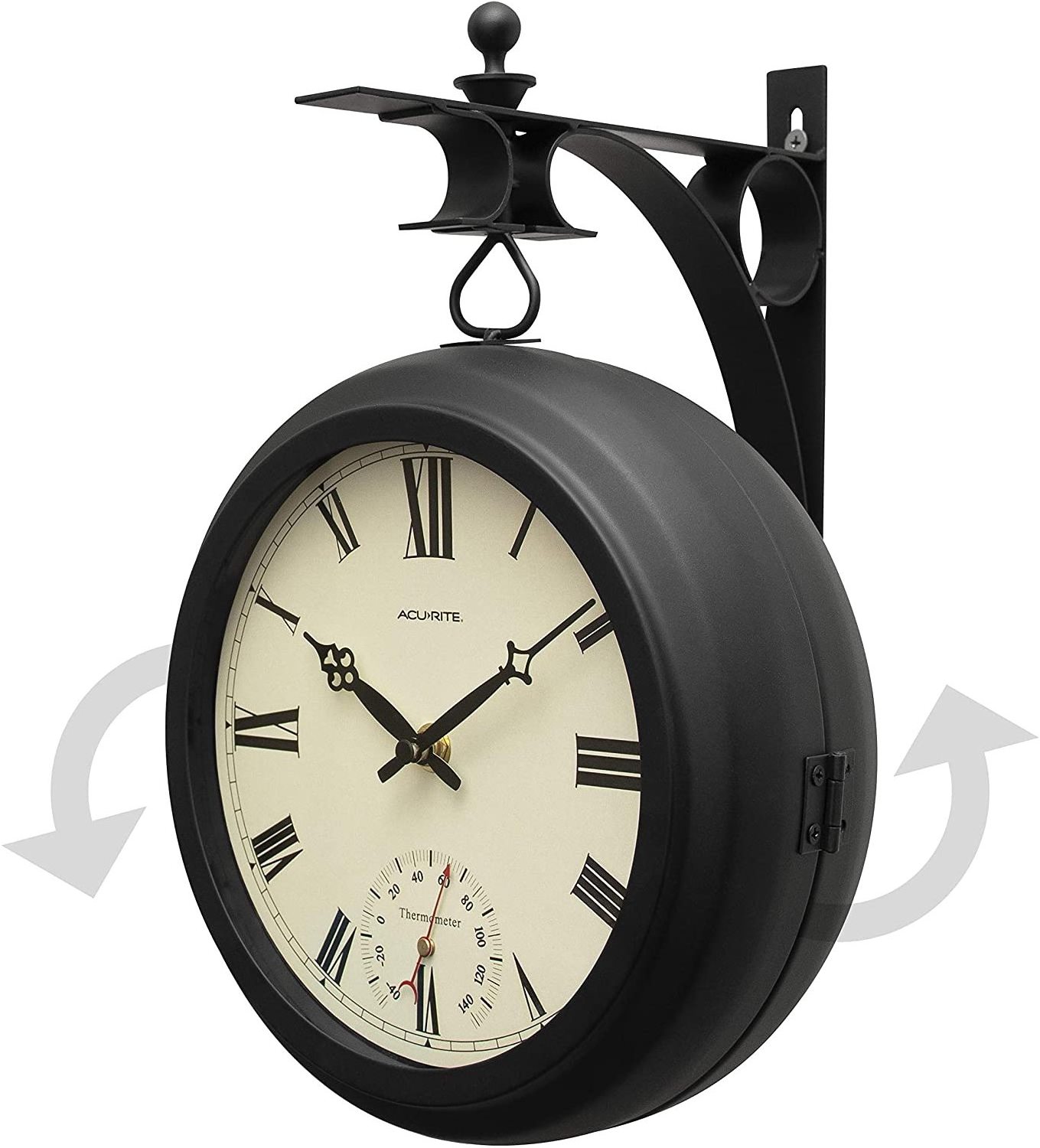 Oniya 9 inch Black Round Hanging Double Sided Train Station Clock with Thermometer for Christmas decorations indoor