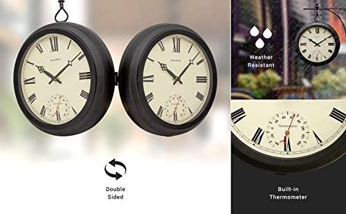 Oniya 9 inch Black Round Hanging Double Sided Train Station Clock with Thermometer for Christmas decorations indoor