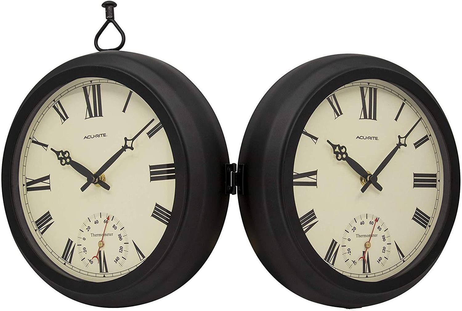 Oniya 9 inch Black Round Hanging Double Sided Train Station Clock with Thermometer for Christmas decorations indoor