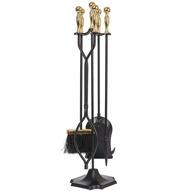 Oniya 5 Pcs Large Fireplace Tools Sets Golden Handle Wrought Iron and Holder Outdoor Fireset Stand Tong Antique Accessories