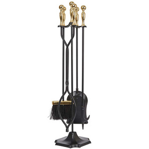 Oniya 5 Pcs Large Fireplace Tools Sets Golden Handle Wrought Iron and Holder Outdoor Fireset Stand Tong Antique Accessories