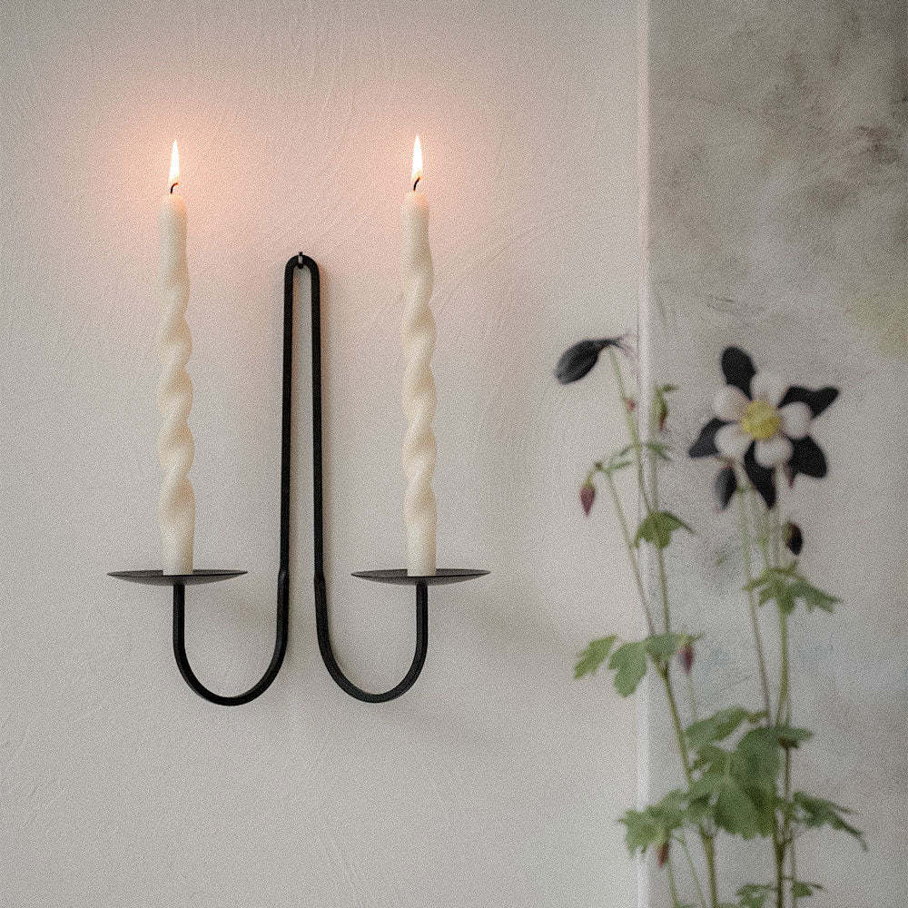 Oniya Modern Black Wall Mount Wrought Iron Double Arm Candle Holder For Home or Wedding