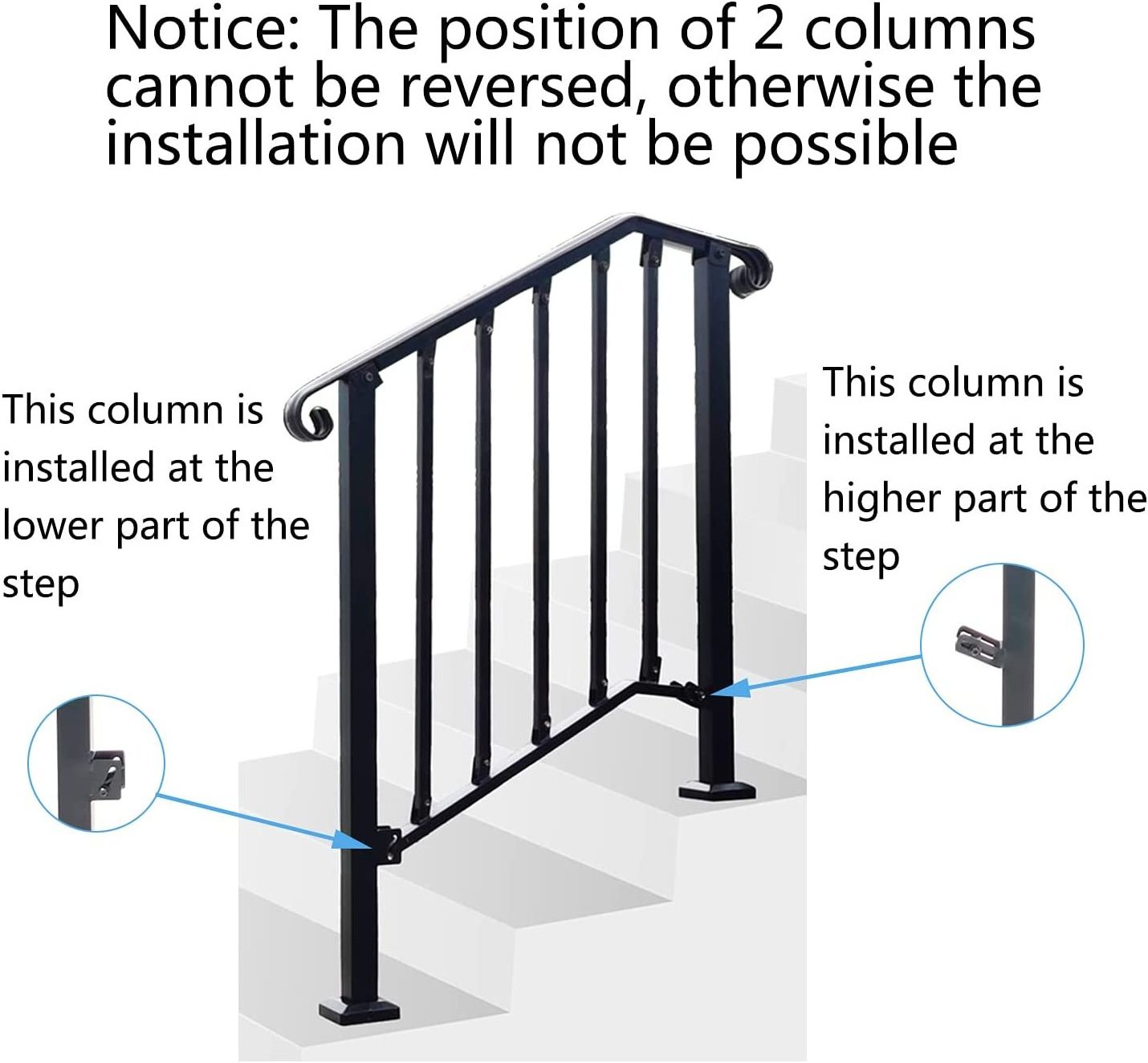 Oniya Adjustable Metal Handrail Bracket Outdoor Wrought Iron Stair Handrail Railing Fits 2 to 3 Step Safety Interior Stair Rail