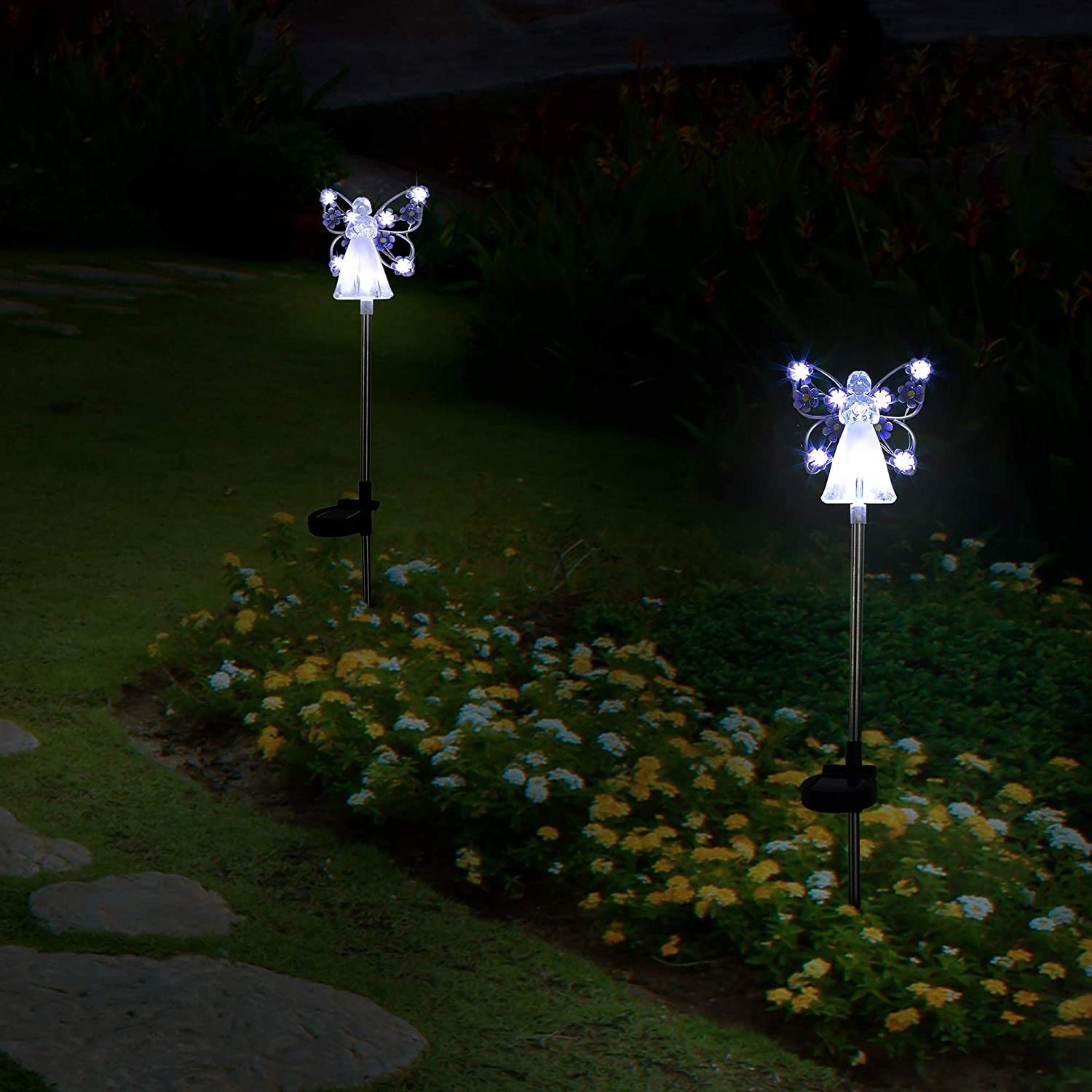 Oniya 2 Pack Solar Eternal Light Angel Garden Stake with 7 LEDs for Cemetery Grave Decorations,Memorial Gifts,Christmas Yard Art