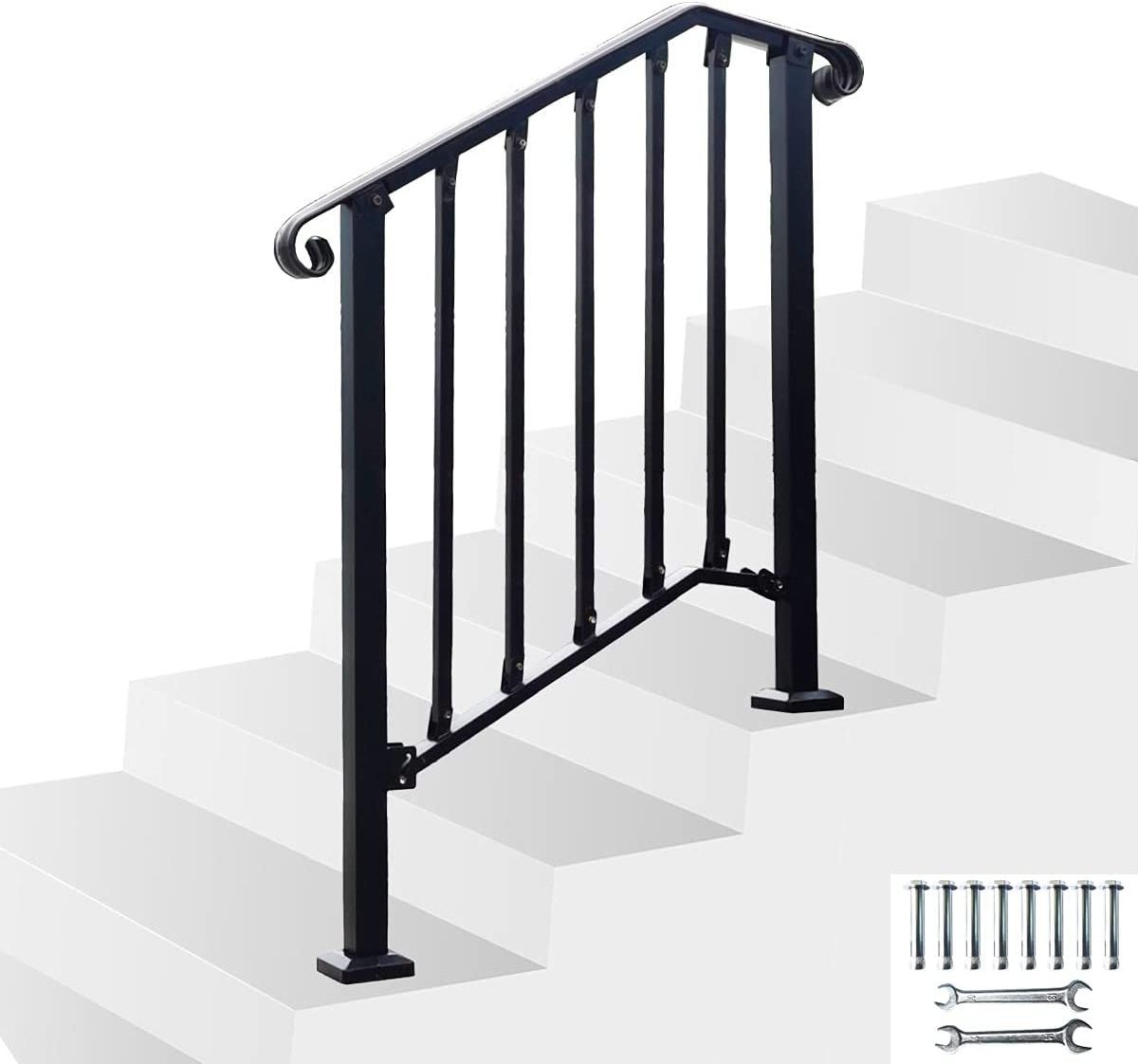 Oniya Adjustable Metal Handrail Bracket Outdoor Wrought Iron Stair Handrail Railing Fits 2 to 3 Step Safety Interior Stair Rail