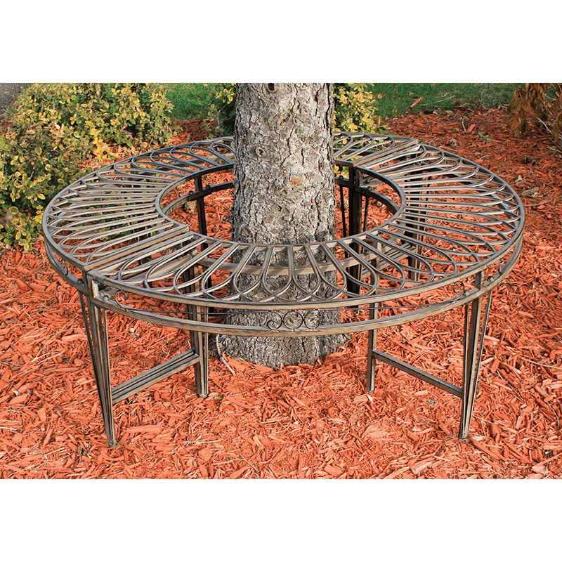 Oniya Black Patio Plant Grey Circular Garden Metal Round Tree Bench With Backrest, Round Bench, Yard Bench