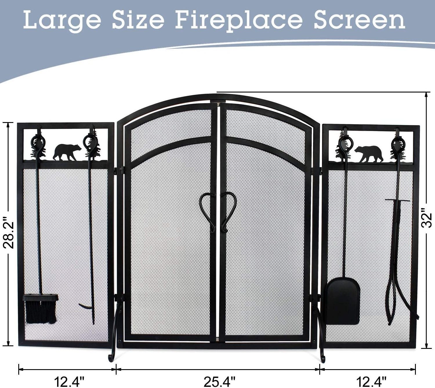 Oniya 3 Panels 2 Doors Strength Wrought Iron Solid Fireplace Screen with Fire Place Tool Sets,Firewood Tongs Kit for Stove