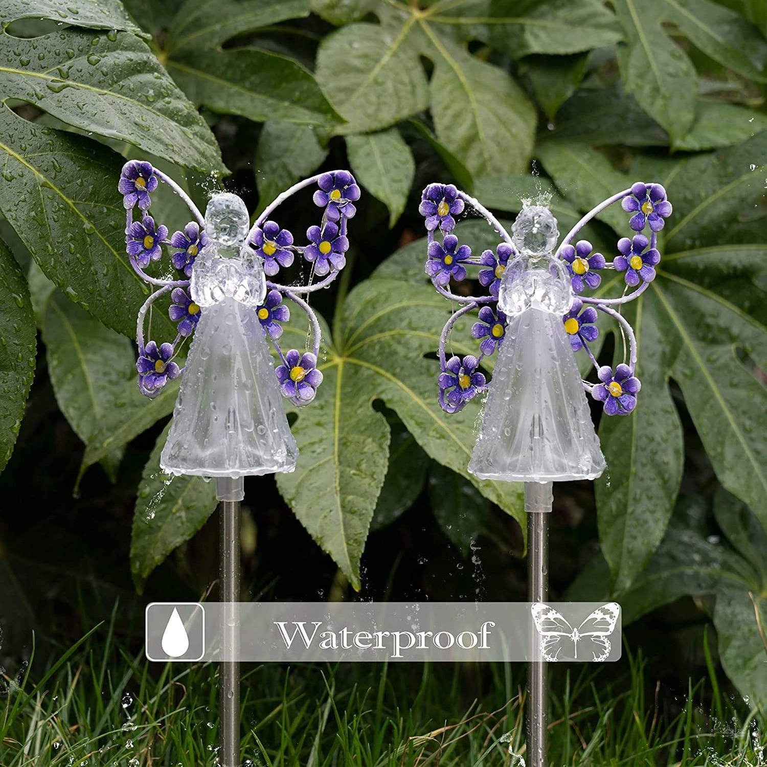 Oniya 2 Pack Solar Eternal Light Angel Garden Stake with 7 LEDs for Cemetery Grave Decorations,Memorial Gifts,Christmas Yard Art