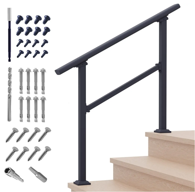 Oniya Black Wrought Iron Handrail Kit 2 Steps Outdoor Hand Rail for Stair Steps