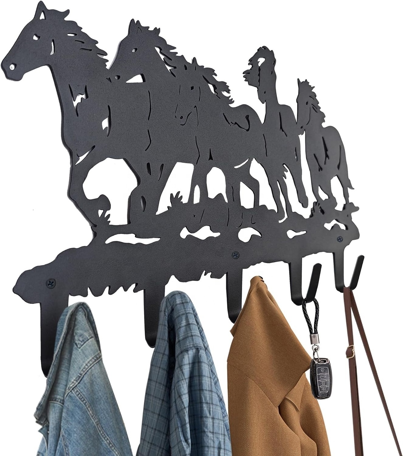 Oniya Metal Horse Coat Hooks Wall Art Decor Key Holder Wall Mount Key Holder Clothes Rack and Backpack Hanger