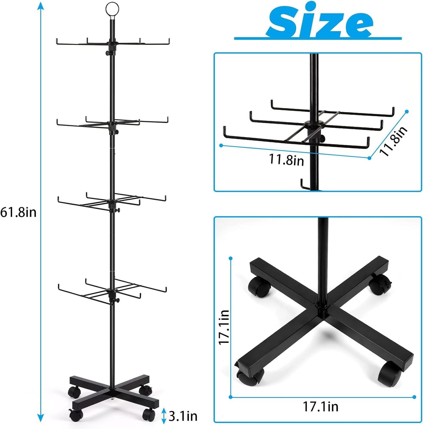 Oniya 4 Retail Tier Display Rack Movable Jewelry Keychain Display Stands Vendor Events Floor Spinner Rack