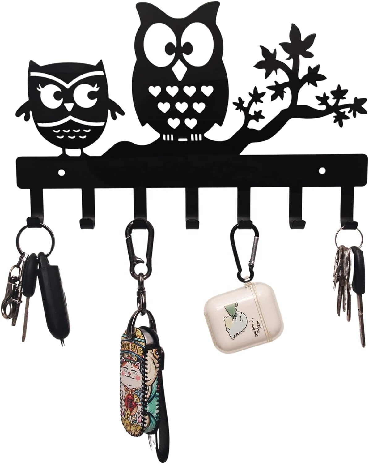 Oniya Black Metal Key Chain Owl Key Hanger with 7 Key Hooks with Entryway Doorway Hallway Office Key Holder for Wall