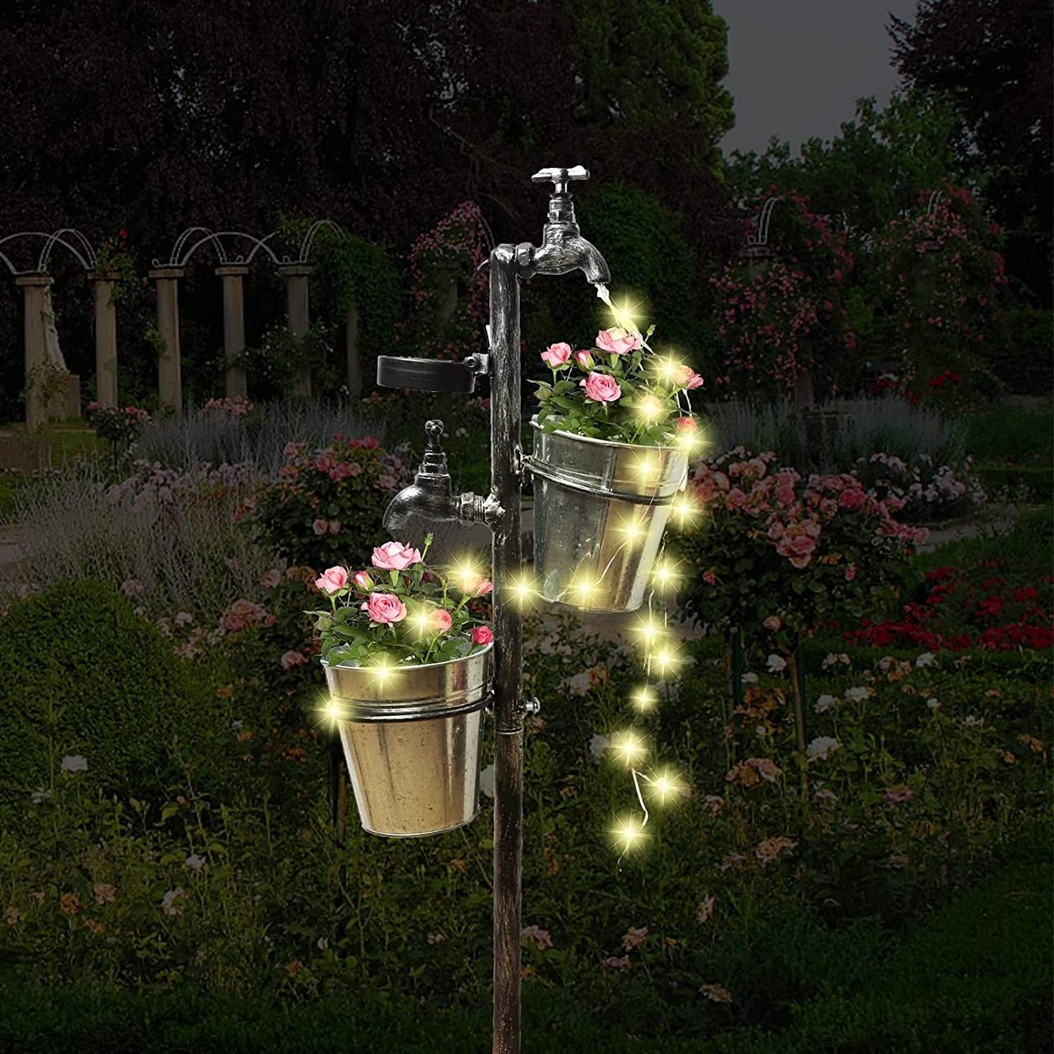 Oniya LED Lights Flowing Water Retro Solar Faucet Garden Stake with Two Planters Outdoor Plants Holders for Garden Decorations