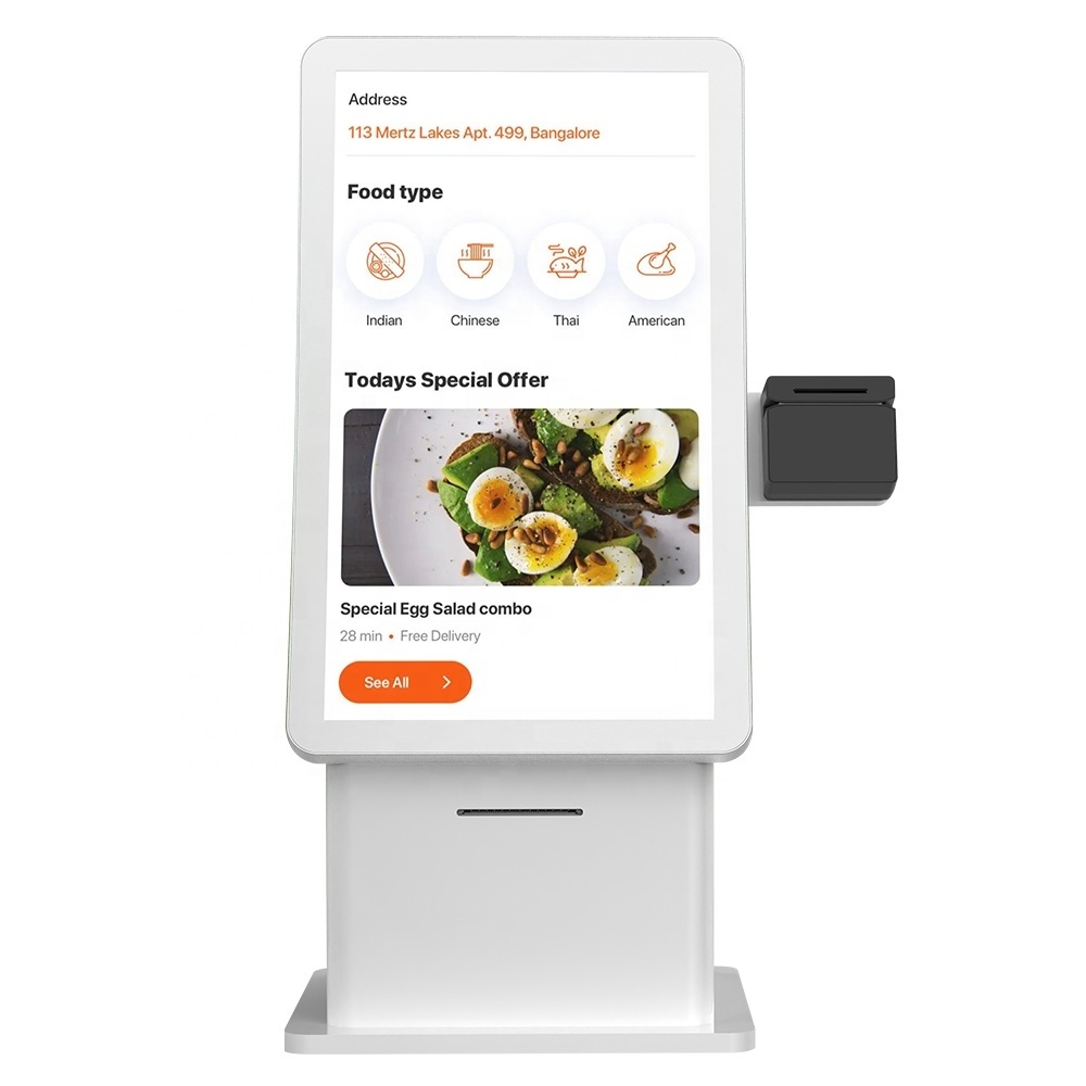 Desktop Type Curved Touch Screen Kiosk Food Order QSR Kiosk with Thermal Printer Restaurant SDK POS System, Bank Card Reader