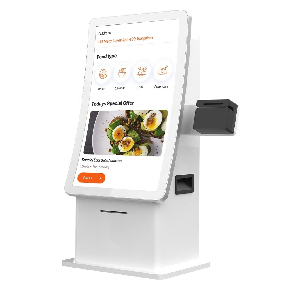 Desktop Type Curved Touch Screen Kiosk Food Order QSR Kiosk with Thermal Printer Restaurant SDK POS System, Bank Card Reader