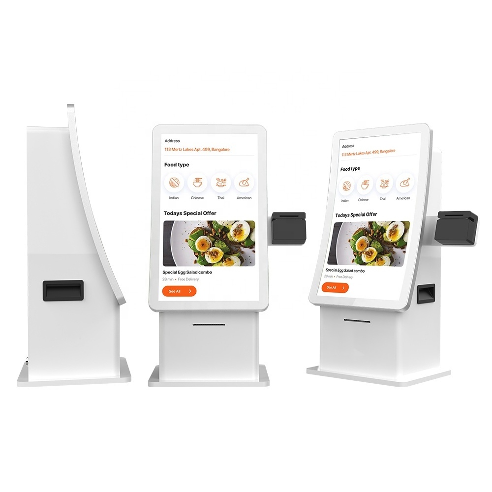 Desktop Type Curved Touch Screen Kiosk Food Order QSR Kiosk with Thermal Printer Restaurant SDK POS System, Bank Card Reader