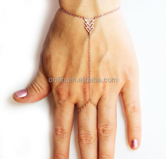 Solid 925 Sterling Silver Gold Plated Triangle Slave Bracelet Chain Link Finger Ring Hand Harness Jewelry