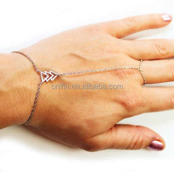 Solid 925 Sterling Silver Gold Plated Triangle Slave Bracelet Chain Link Finger Ring Hand Harness Jewelry