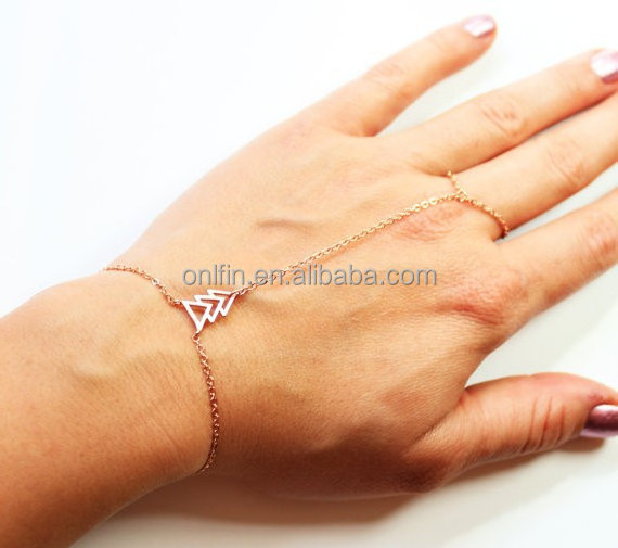 Solid 925 Sterling Silver Gold Plated Triangle Slave Bracelet Chain Link Finger Ring Hand Harness Jewelry