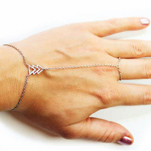 Solid 925 Sterling Silver Gold Plated Triangle Slave Bracelet Chain Link Finger Ring Hand Harness Jewelry